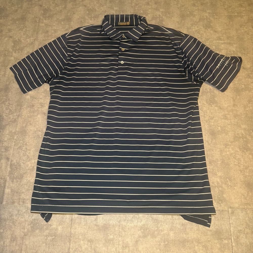 Peter Millar Summer Comfort Polo Shirt Mens Large Blue White Stripe Sentient Jet